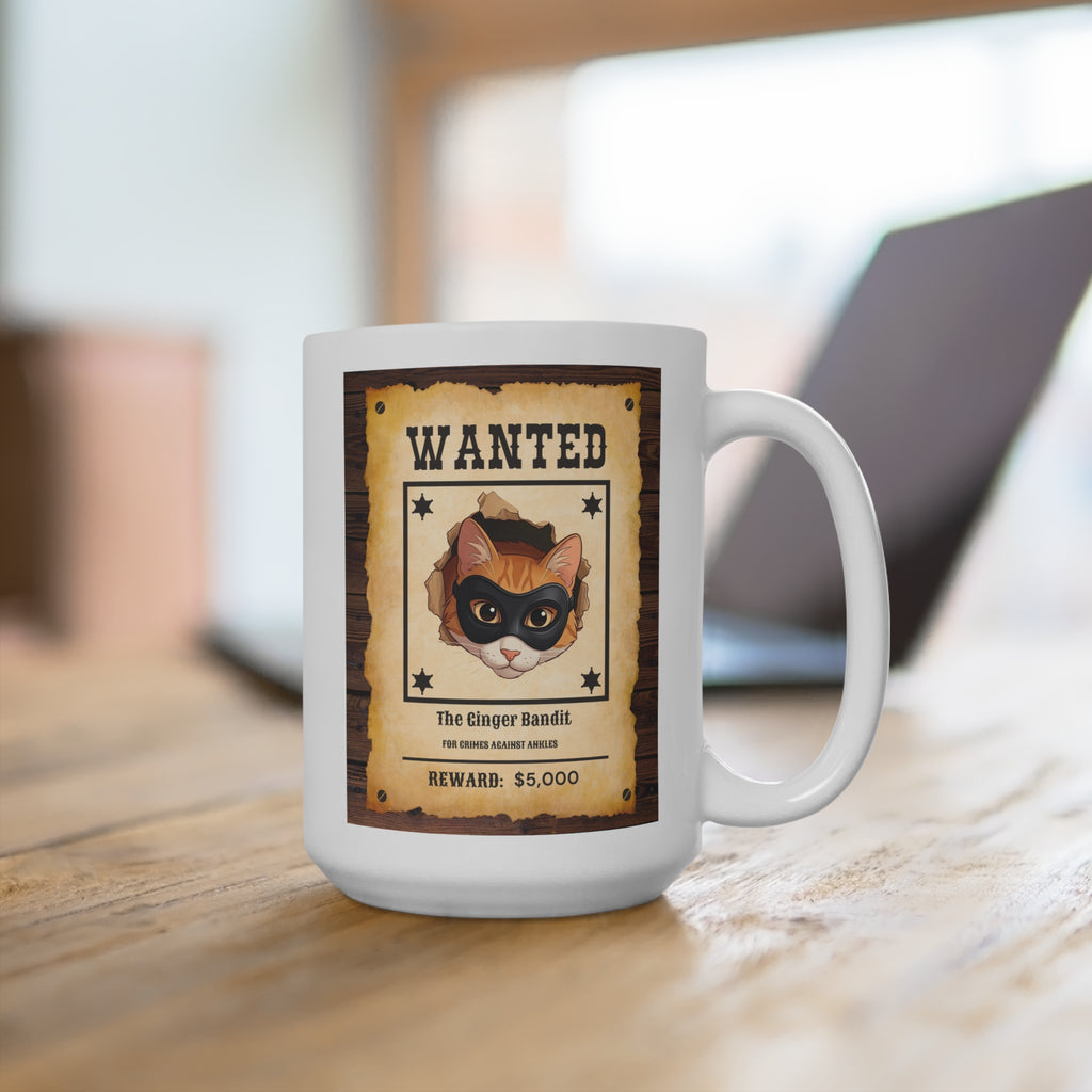 "Wanted: The Ginger Bandit" Vintage Cat Mug — 15oz Ceramic Coffee Cup