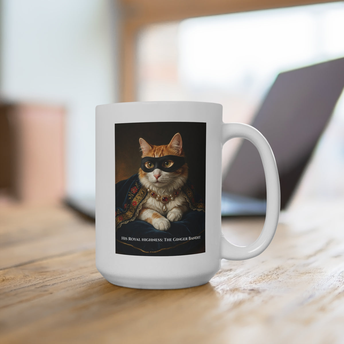 "His Royal Highness: The Ginger Bandit" Regal Cat Portrait Mug — 15oz Ceramic